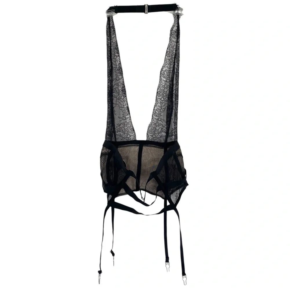 Victoria’s Secret Black Lace Halter Corset Chemise With Garter Belt Lingerie